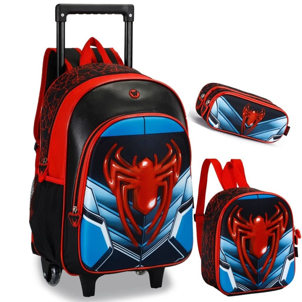 Mochila Escolar de Rodinhas Homem Aranha Menino Kit com Lancheira Térmica Estojo e Garrafinha Squeeze