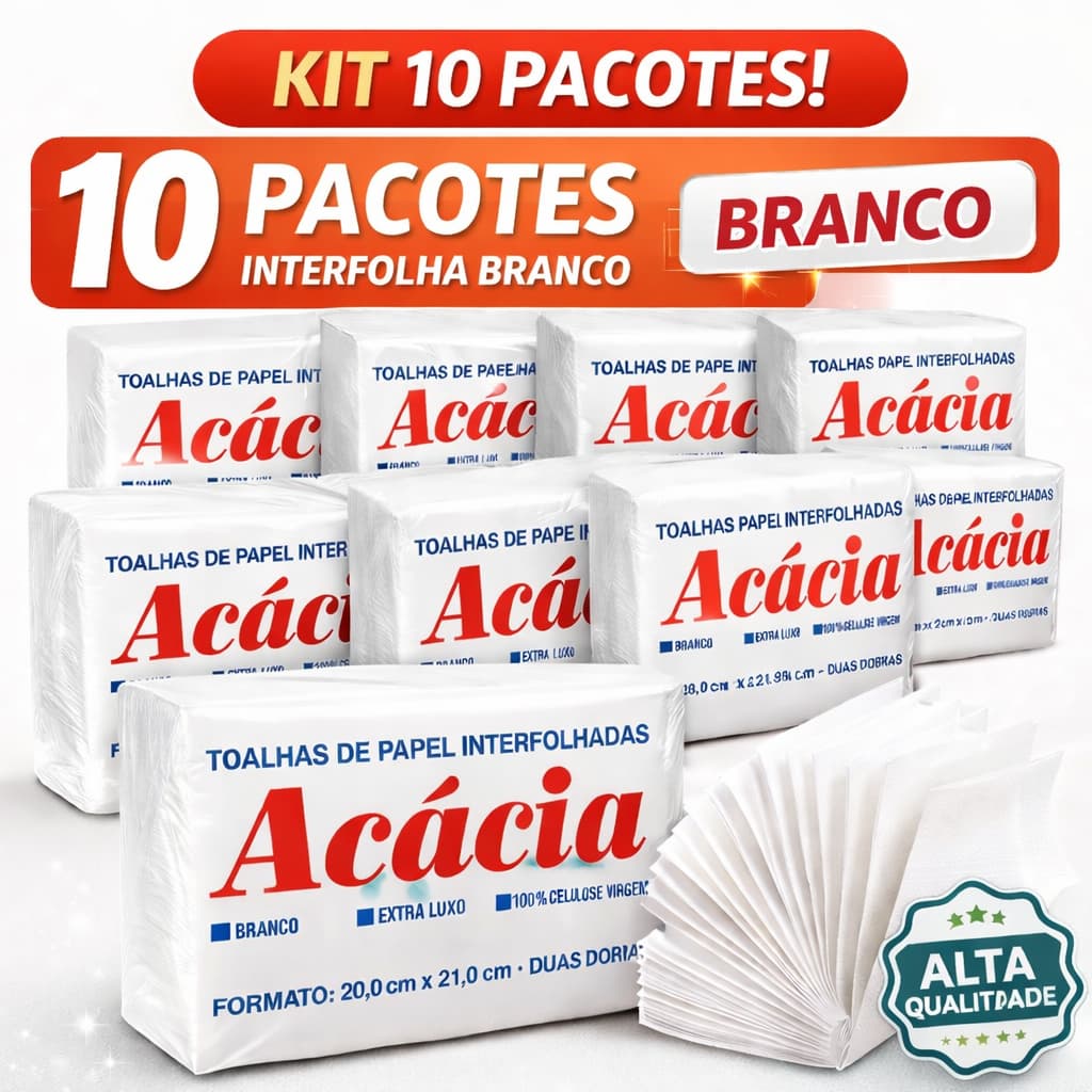 10 Pacotes Papel Toalha Interfolha Branco 2 dobras 20x21 Interfolhado para secar as mãos