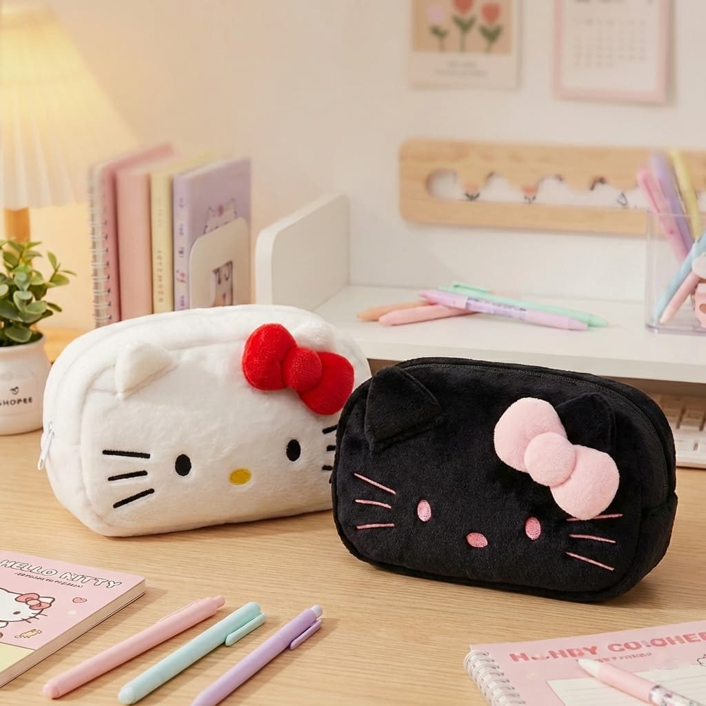 Estojo Hello Kitty Pelúcia Kawaii Estojo Escolar Sanrio Macio Grande Necessaire Maquiagem Fofa