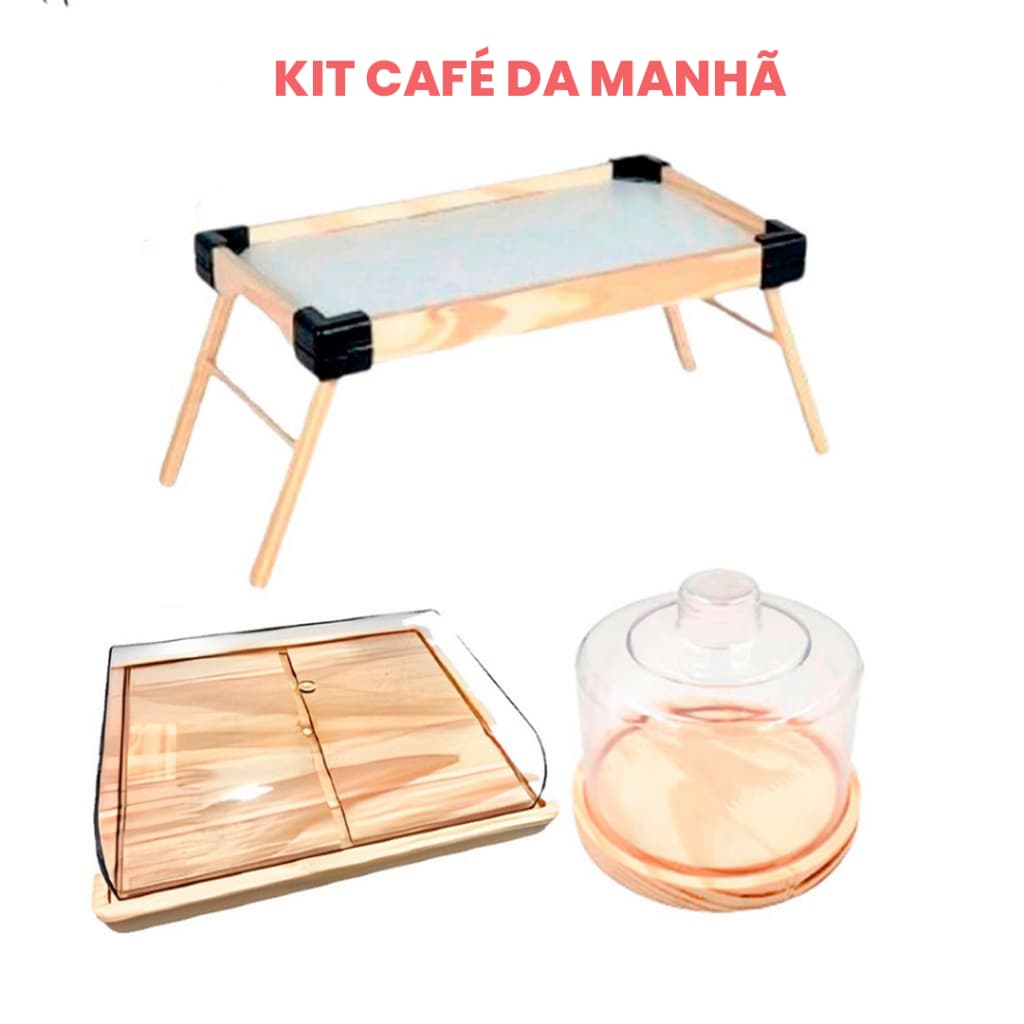 OFERTA 9.9 KIT 3Pçs Mesinha Café Manhã, Queijeira e Porta Frios Médio Madeira Natural, Cozinha