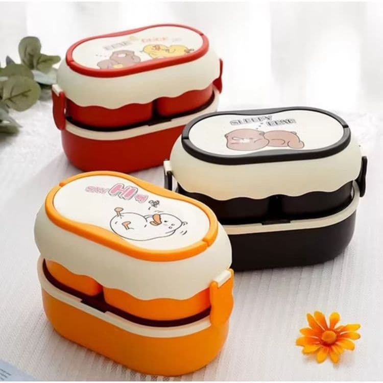 Pote de marmita lancheira dois andares com 3 compartimentos e talheres 1600ml