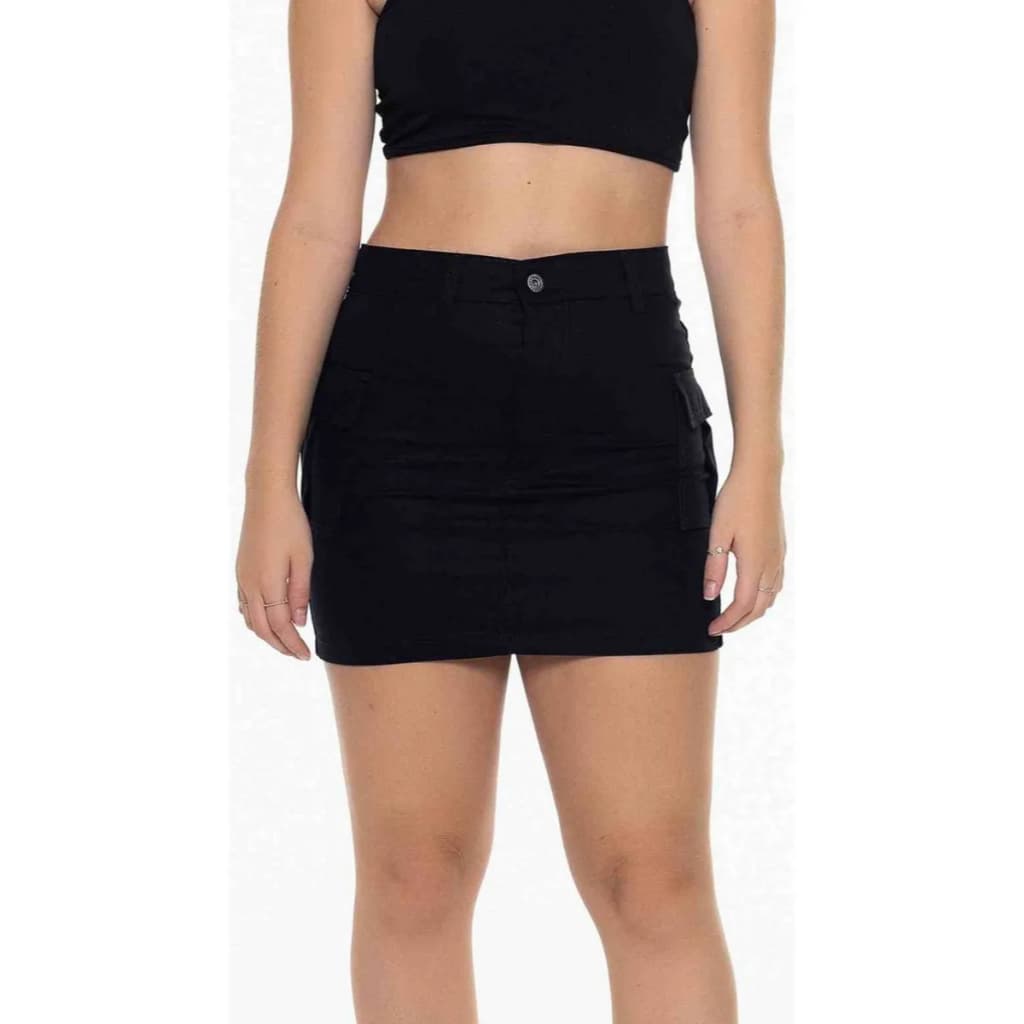Saia Cargo Feminina Sarja Com Lycra Cintura Alta Preta