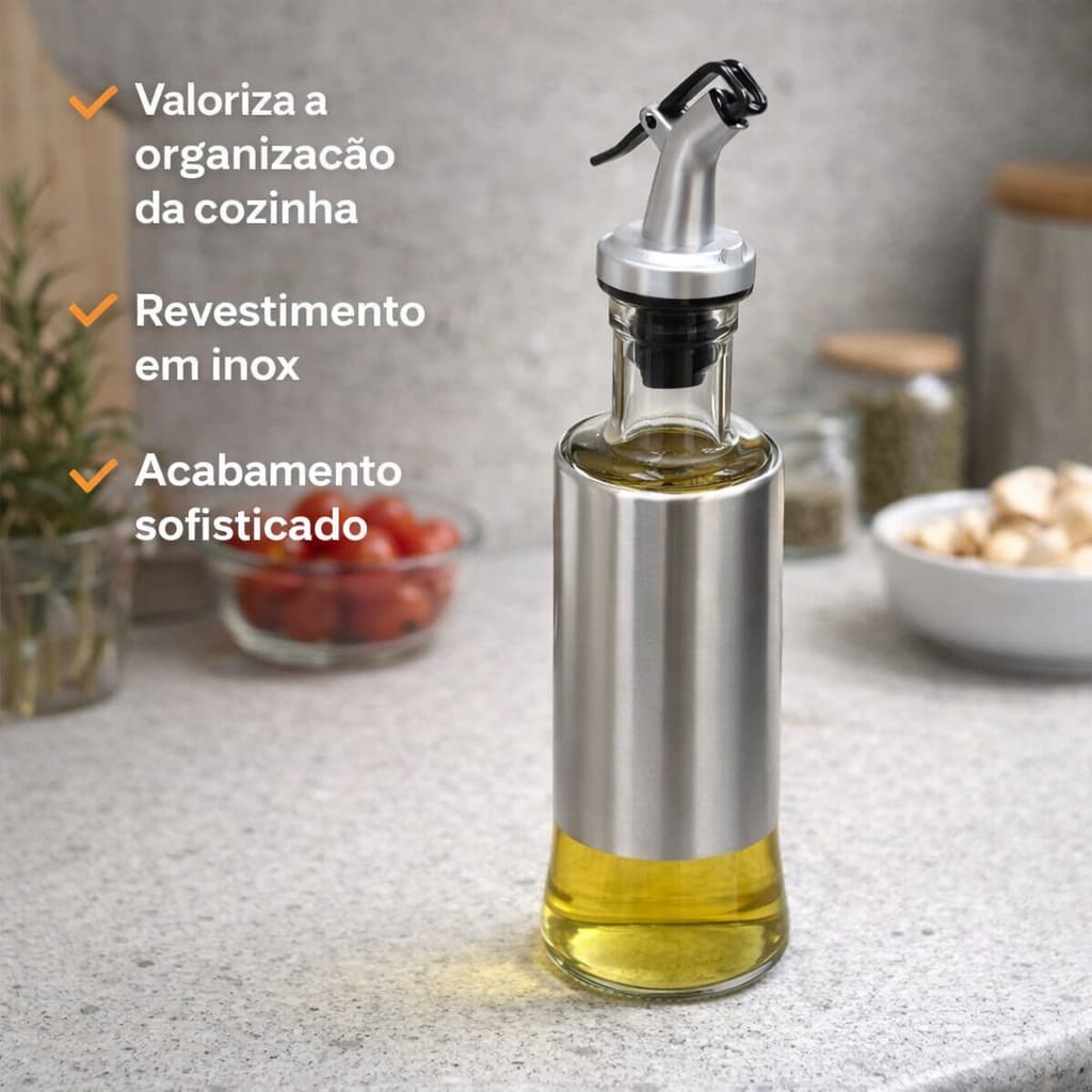 Dispenser de Azeite 300ml Vidro com Aço Inox | Porta Condimentos Hermético para Cozinha