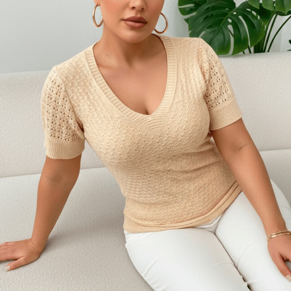 Blusa Feminina Manga Curta Modal Verão Decote V Dia Dia Básica Rendada Croche Tricot