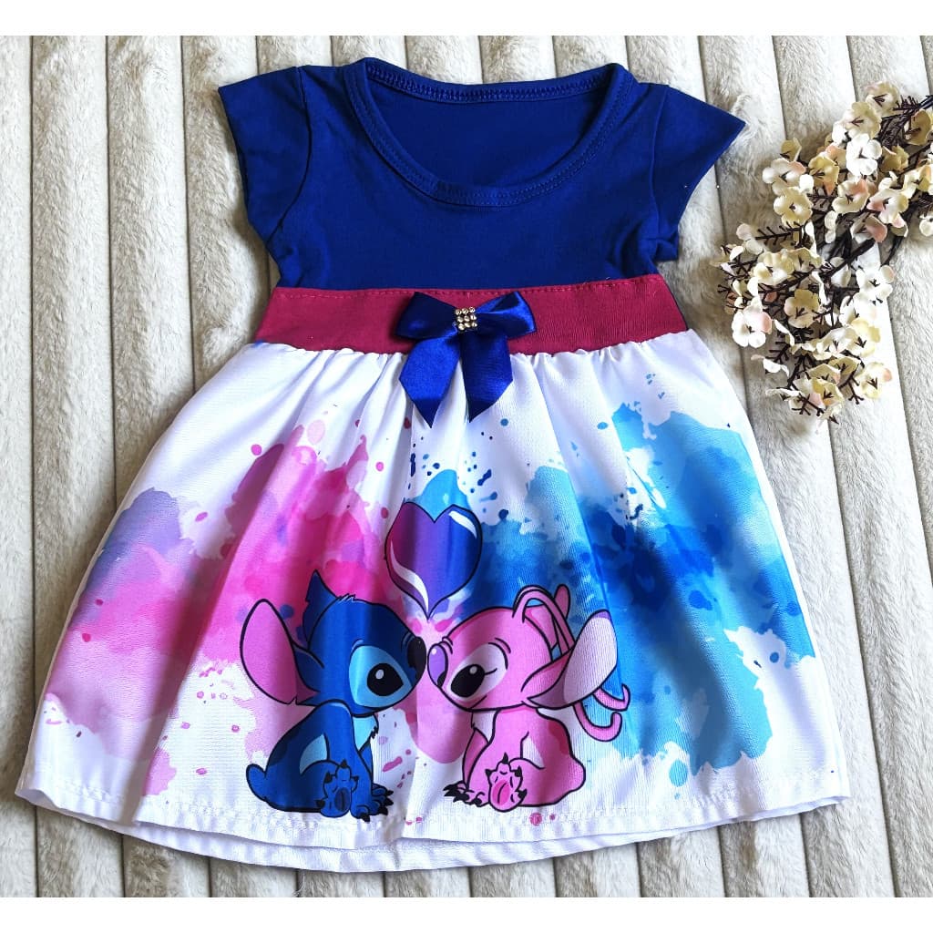Vestido Bebê Menina Recém-Nascida Stitch Temático com Laço Look Charmoso  Mesversário Festas