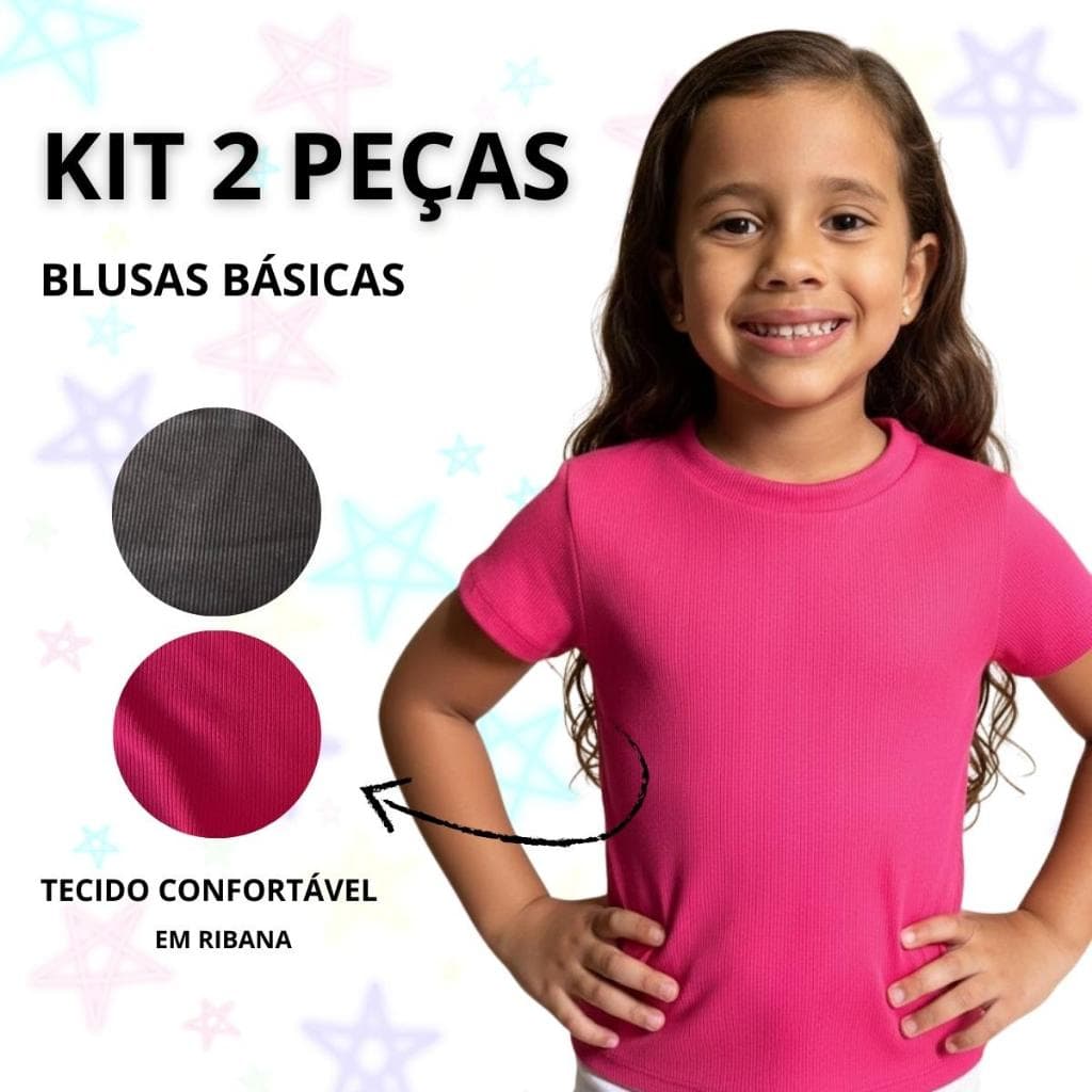 Kit 2 Blusas Ribana Canelada Infantil Menina - Camiseta Básica Confortável Tam 4 ao 10
