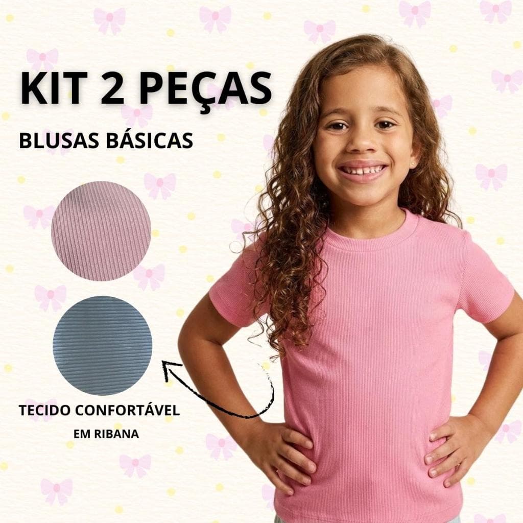 Kit 2 Blusas Ribana Infantil Menina - Camiseta Básica Volta as Aulas Tam 4 ao 10