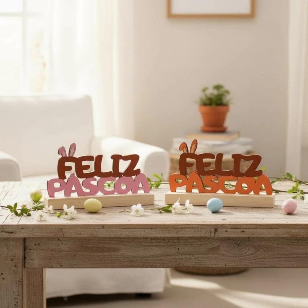 Letreiro Decorativo de Páscoa em Madeira Adesivado – “Feliz Páscoa” para Mesa Posta