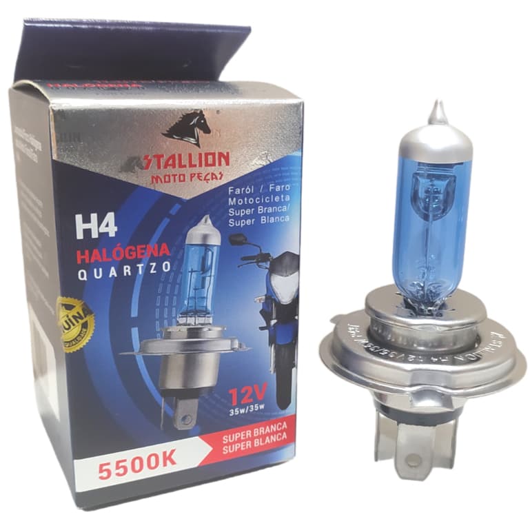 LAMPADA H4 MOTO 12V FAROL 35X35W SUPER BRANCA HALOGENA 5500K TITAN STALLION ORIGINAL CAVALINHO YBR