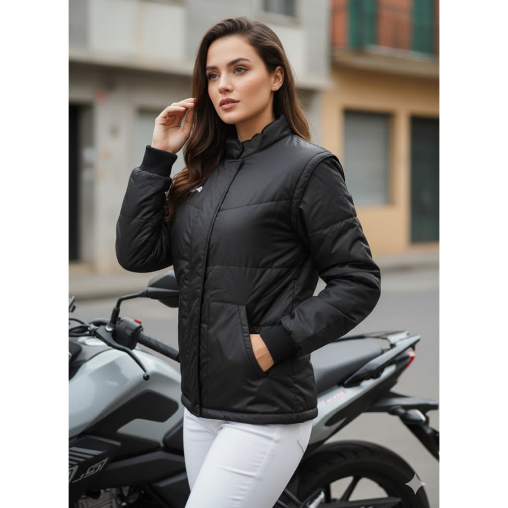 JAQUETA MOTO FEMININA NYLON PROTECTOR LIFE SPORT PRETA MOTOCICLISTA COLETE FRIO INTENSO INVERNO
