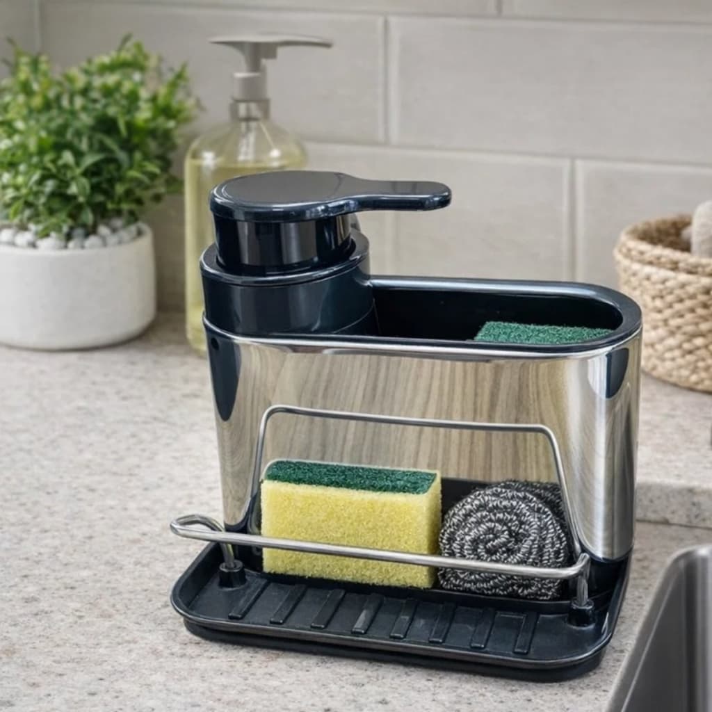 Dispenser Porta Detergente Sabão Liquido Com Porta Esponja Bucha Panos de Pia Ou Escovas  Aço Inox