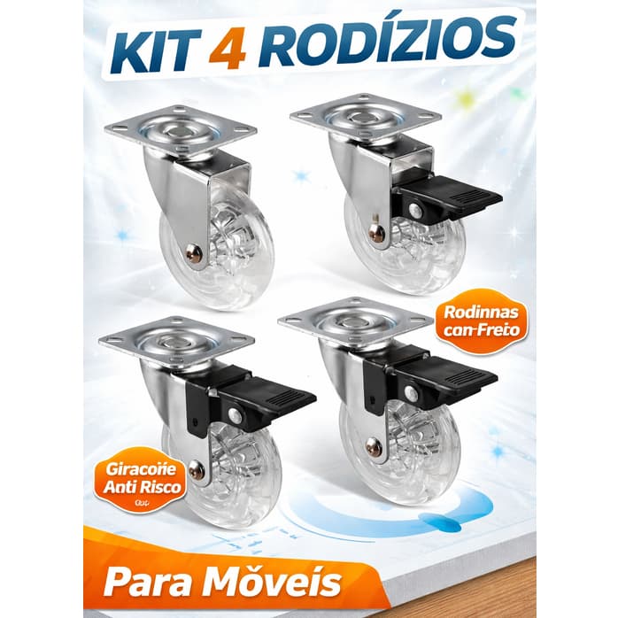 Kit 4 Rodizio Roda Rodinha Silicone 3,5 CM Com Freio e Sem Freio - rodinha silicone  rodizio
