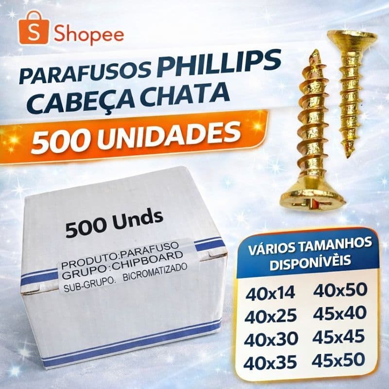 Caixa de Parafusos com 500 unidades - Tamanhos do 40X14 ao 45x50 Para MDF MDP