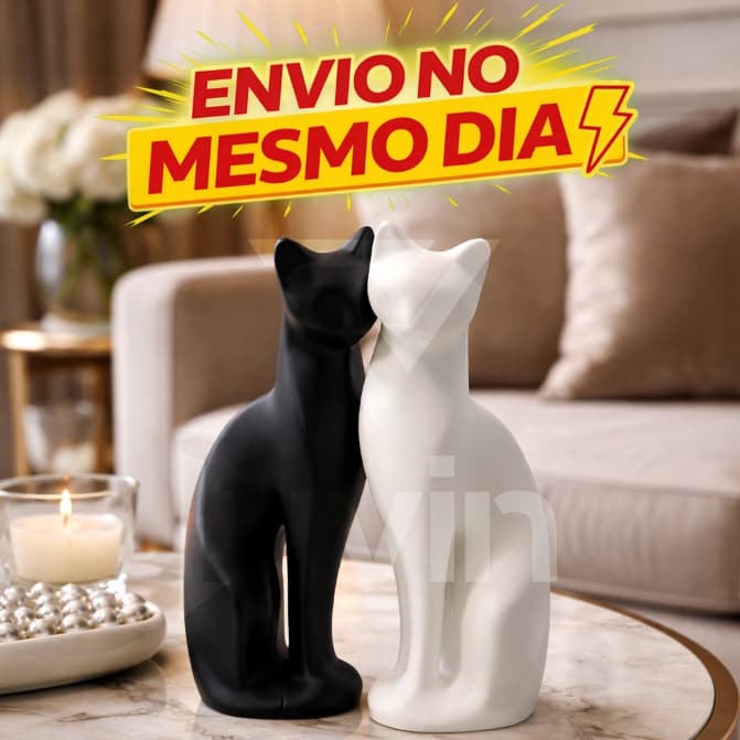 Escultura Decorativa Gatos Modernos – Casal Preto e Branco