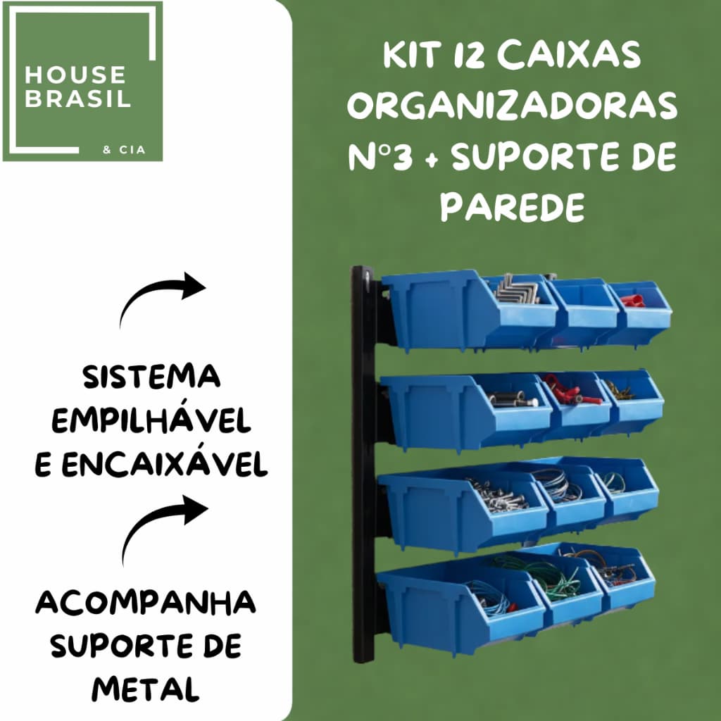 Kit Suporte Estante Painel Parede com 12 Caixas Bin N3 Gaveteiro Organizador de Parafusos e Ferramentas