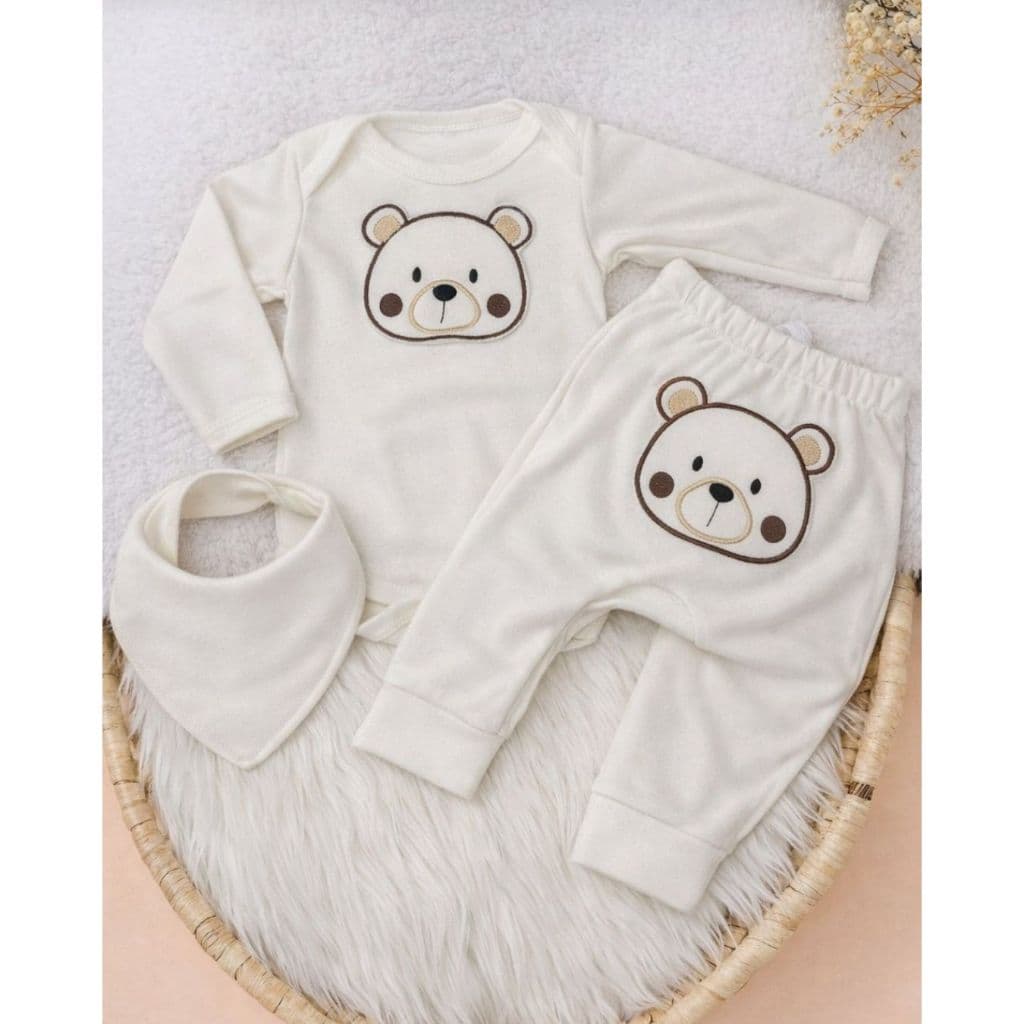 Conjunto 3 Peças Canelado com Bory Mijão Bordado e Babador Menina e Menino Moda Infantil