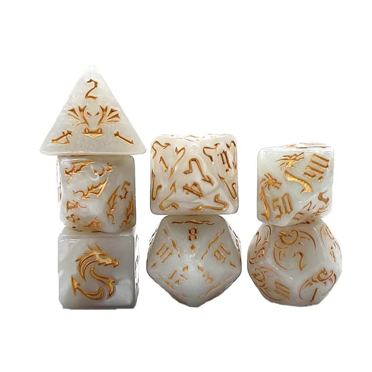 Conjunto kit 7 dados desenhados do dragão branco dourado marmorizado rpg ded dungeons and dragons