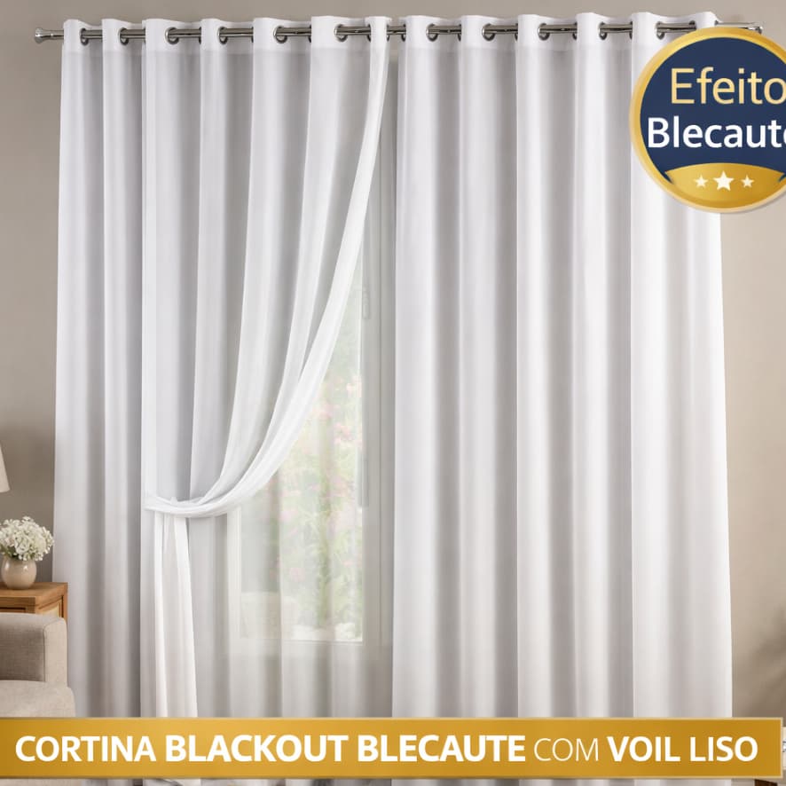 Cortina Blackout Blecaute Com Voil Liso 3,00m x 2,60m Sala e Quarto Impede 100% da Claridade