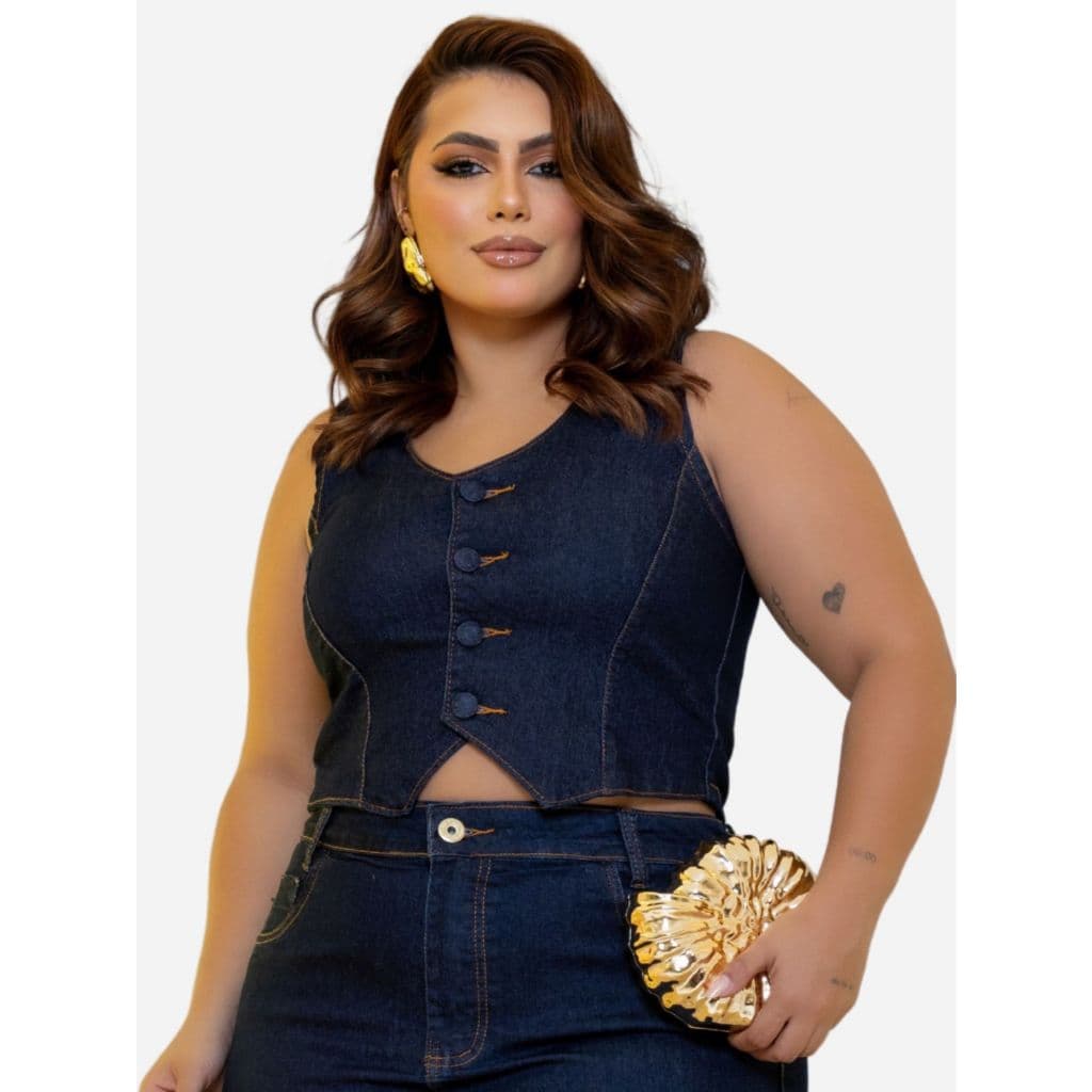 Colete Jeans Plus Size Estilo Blazer com Lycra Várias Cores