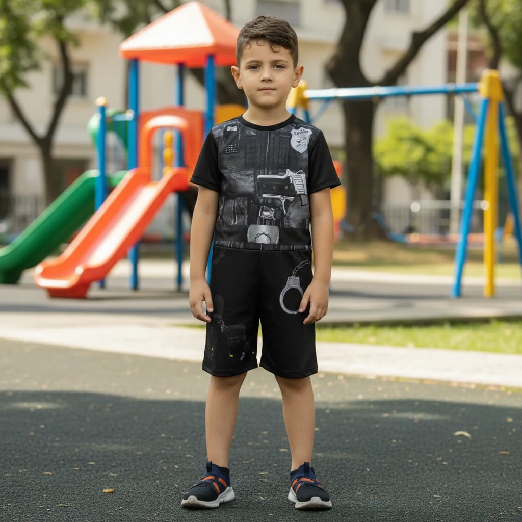 Fantasia Infantil Menino Macacão Policial Manga Curta Kids Carnaval