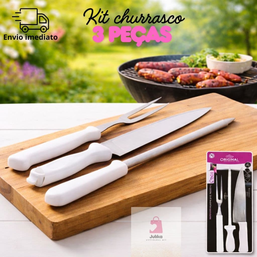 Conjunto Para Churrasco Com 3 Peças Garfo Chaira Faca Aço Inox Original Line Kit profissional