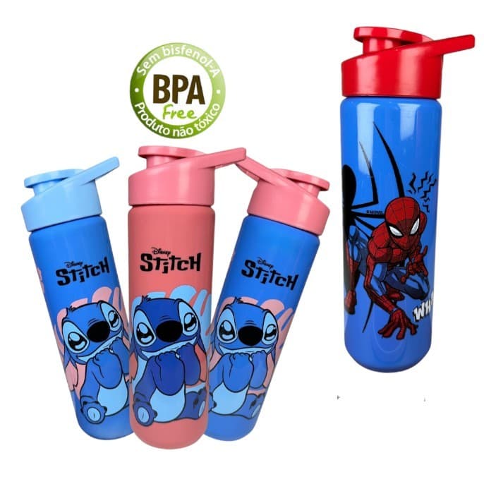 Garrafinha Infantil Tema Stitch, Magia e Homem Aranha 700ml -Mickey Stitch Capivara Escolar Volta às Aulas Presente 700