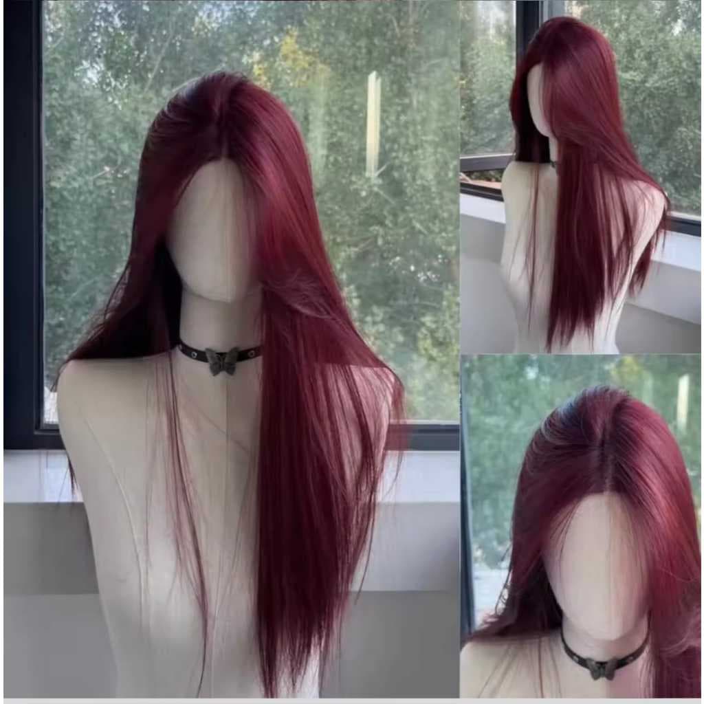 Peruca longa vermelho marsala lisa sem franja fibra bio organica Premium parecida com cabelo natural