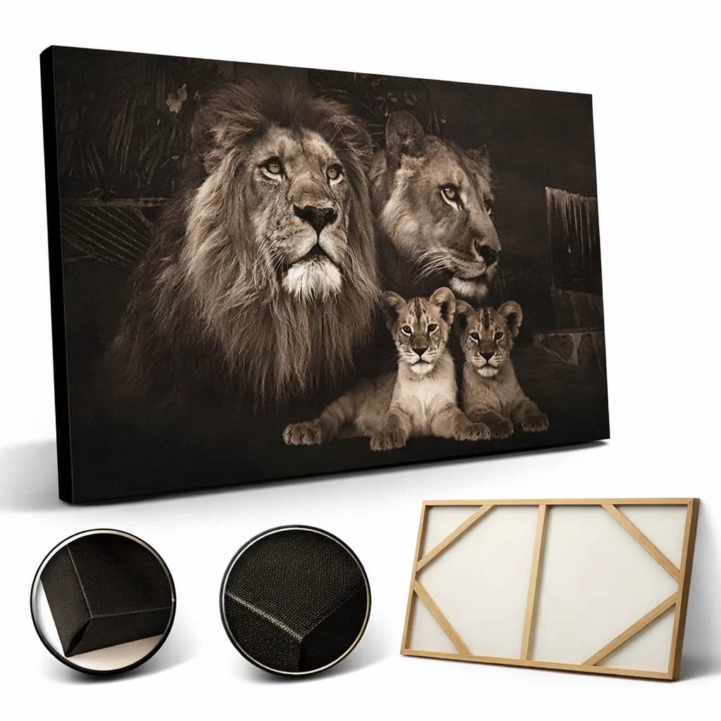 Quadro Leão Família Decorativo Leoa Filhotes Tela Horizontal Leaozinho Casal Tecido 2 Filhos 90x60
