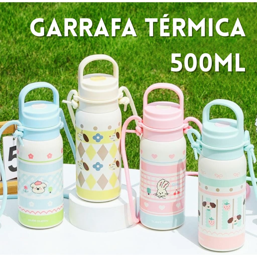 Garrafa Térmica 500ml Fofa Copo Portátil com Alça Infantil Colorido Kwaii Escolar Escritório