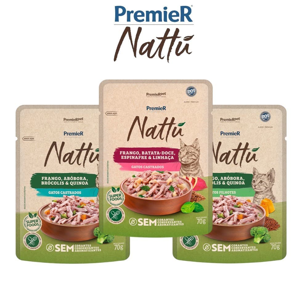 Kit com 10 ou 20 Sachê Premier Nattu Gatos Ração Úmida Natural Vários Sabores