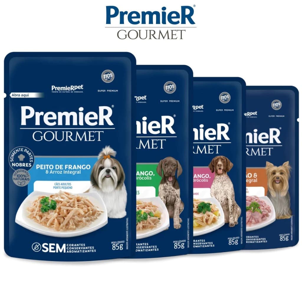 Kit com 10 ou 20 unid. Sachê Premier Gourmet Cães Vários Sabores Adultos e Filhotes