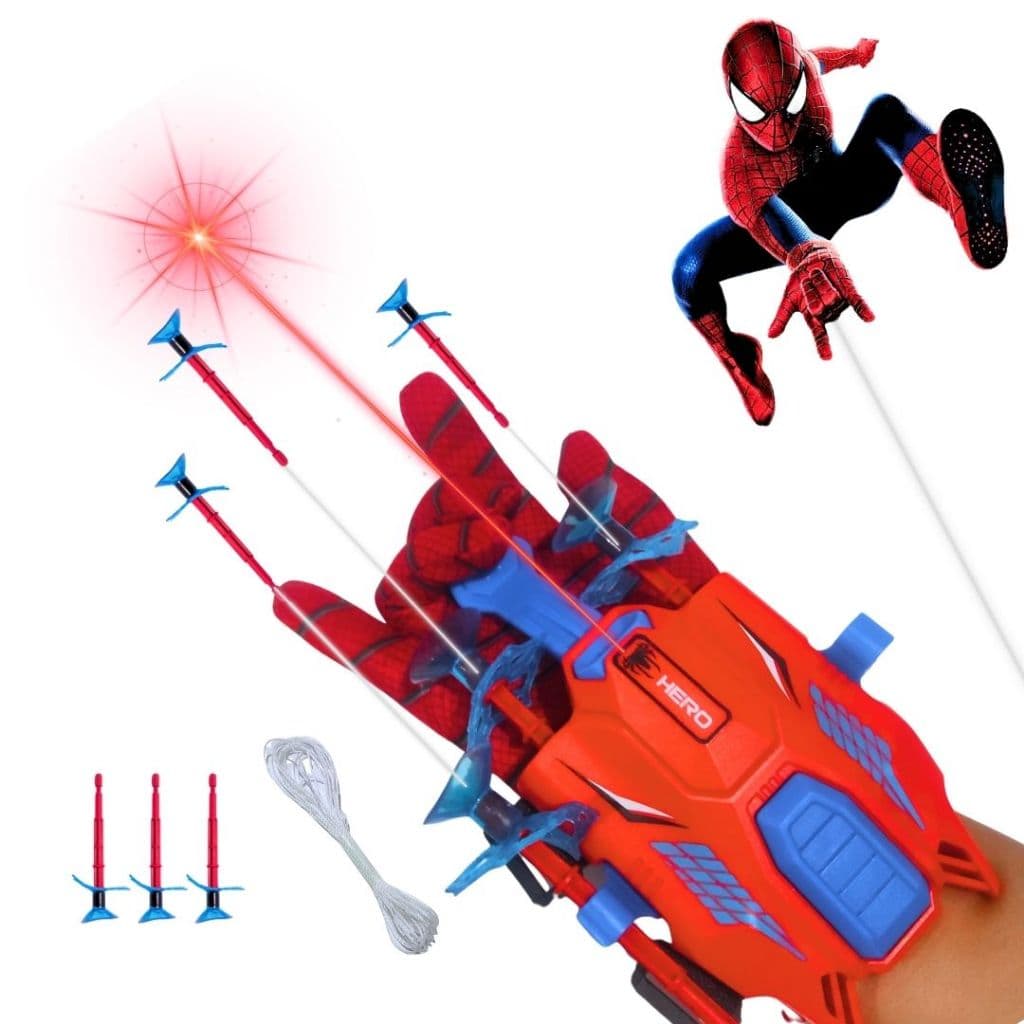 Luva Homem-Aranha Lança Dardos com Ventosa Brinquedo Infantil com Luz LED Fantasia para Crianças