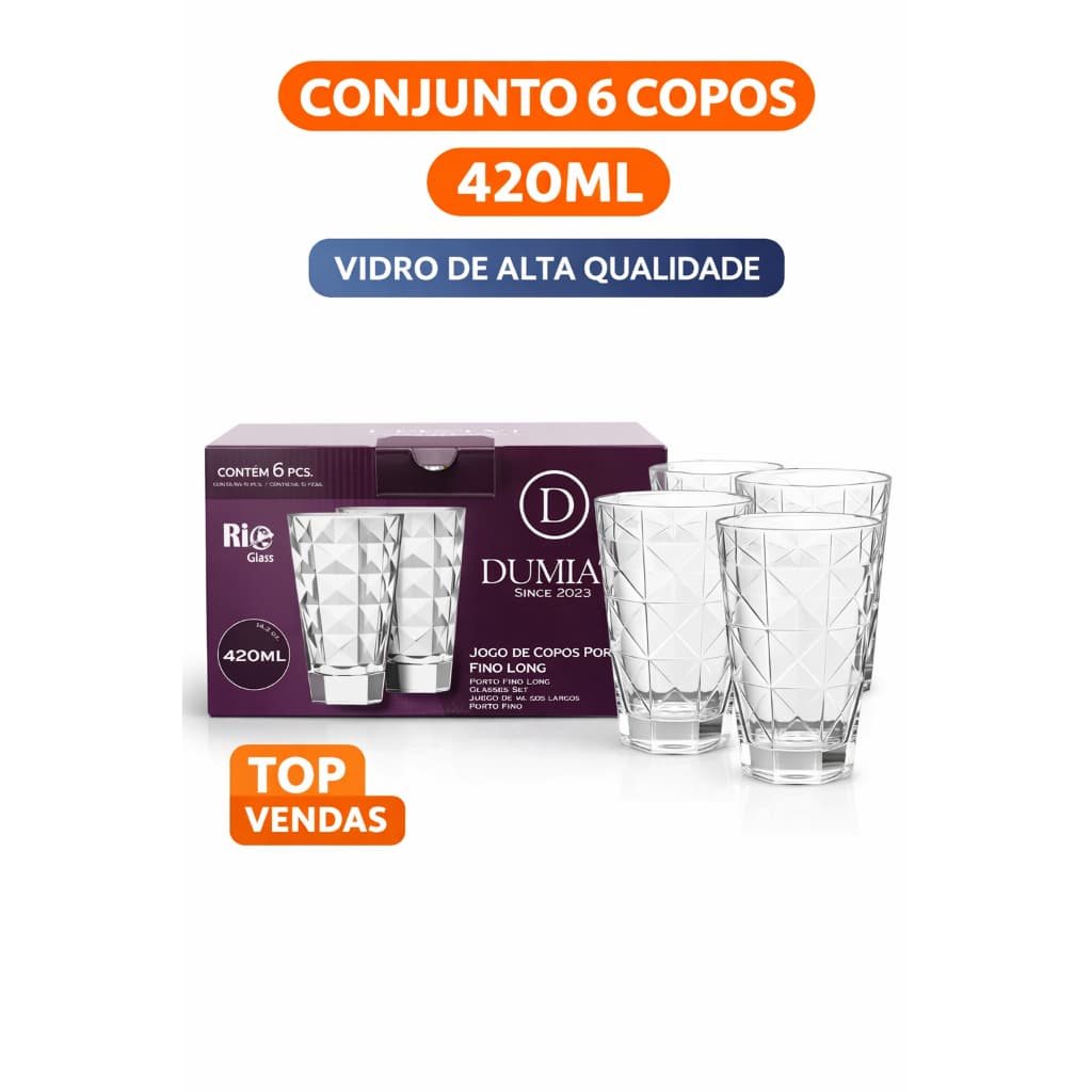 Jogo de Copo Cristal de Vidro Dumiat Resistente Kit 6 Peças 420ml