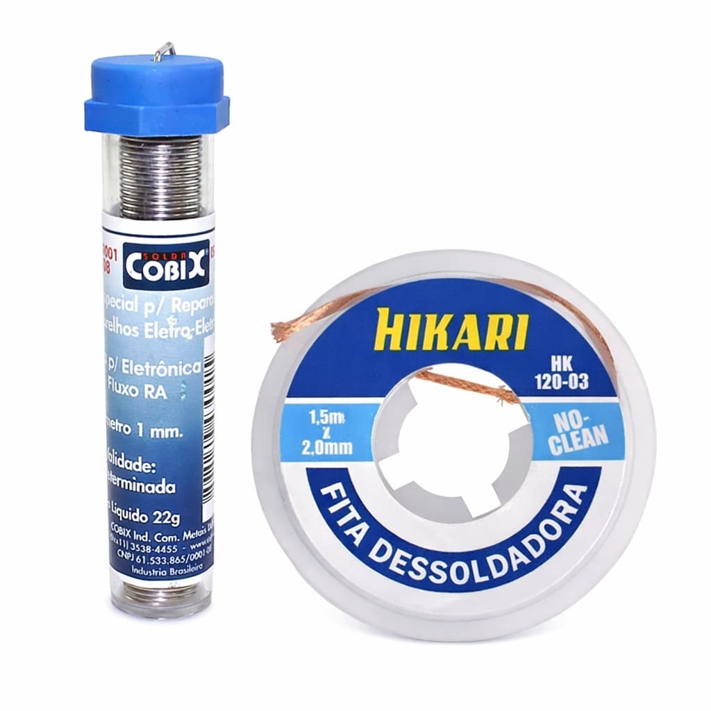 Kit Tubo De Estanho Solda Cobix 63x37 1mm + Fita Dessoldadora Hikari HK120 Malha para Solda 2.0 / 2.5 / 3.0 mm