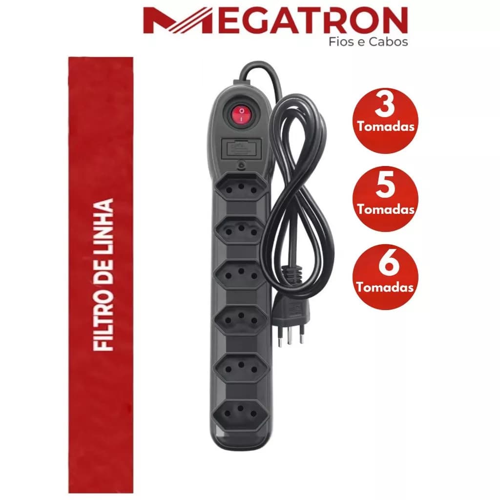 FILTRO DE LINHA REGUA EXTENSÃO ELÉTRICA 3,4,5 ou 6 TOMADAS 10A (AMPERES) MEGATRON
