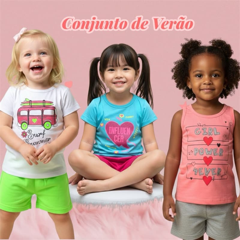 Conjunto Infantil  Kit de duas peças Menina Tamanho 3 e 4 Look Verão Colorido