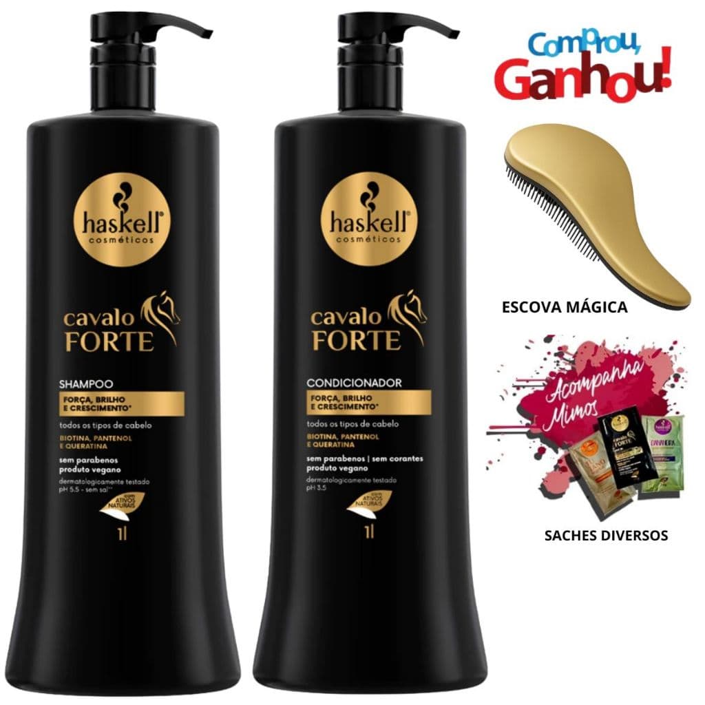 Haskell Kit Cavalo Forte Shampoo E Condicionador 1 Litro + Escova Mágica e Saches