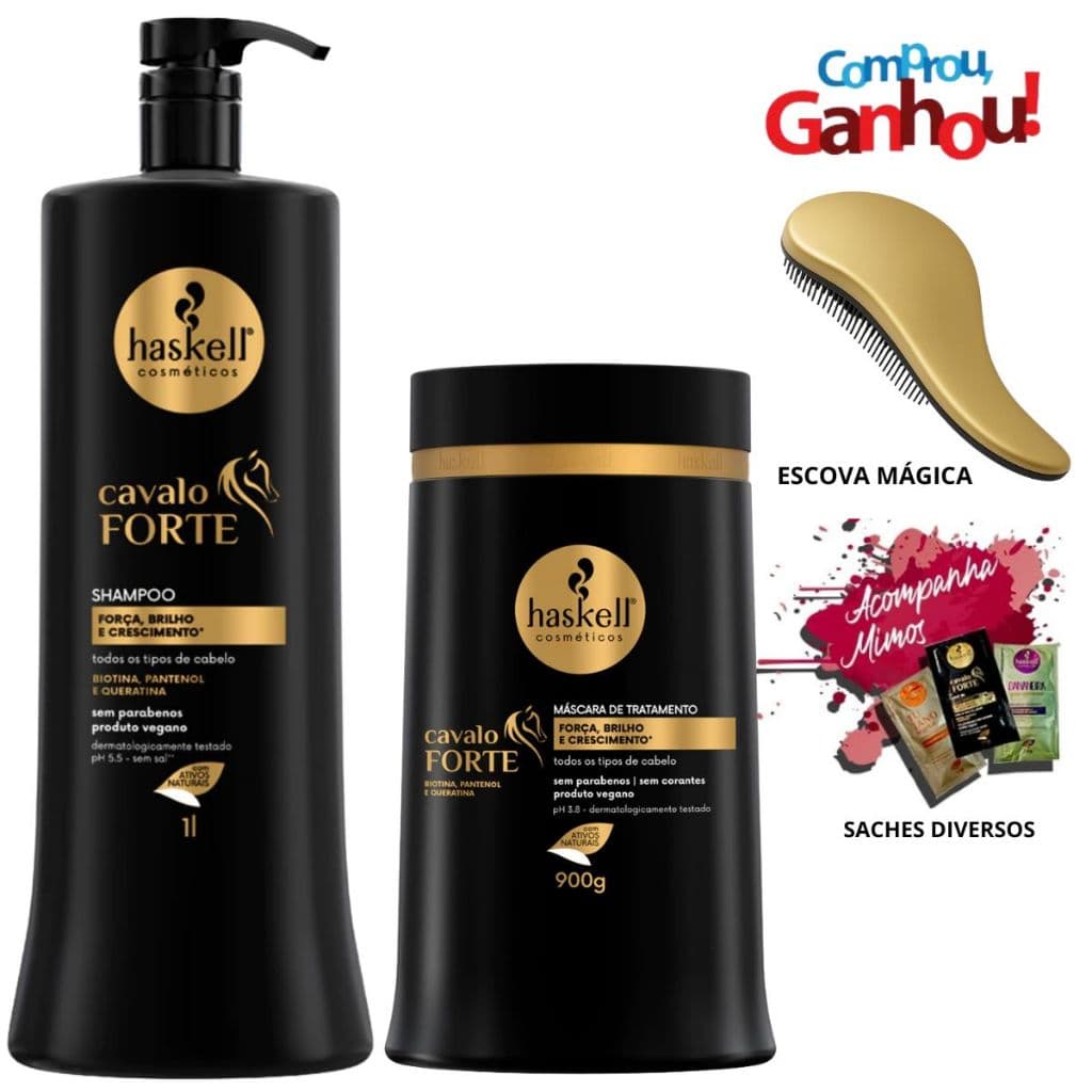 Haskell Cavalo Forte Kit Shampoo 1L + Mascara 900gr + Escova Mágica e Saches