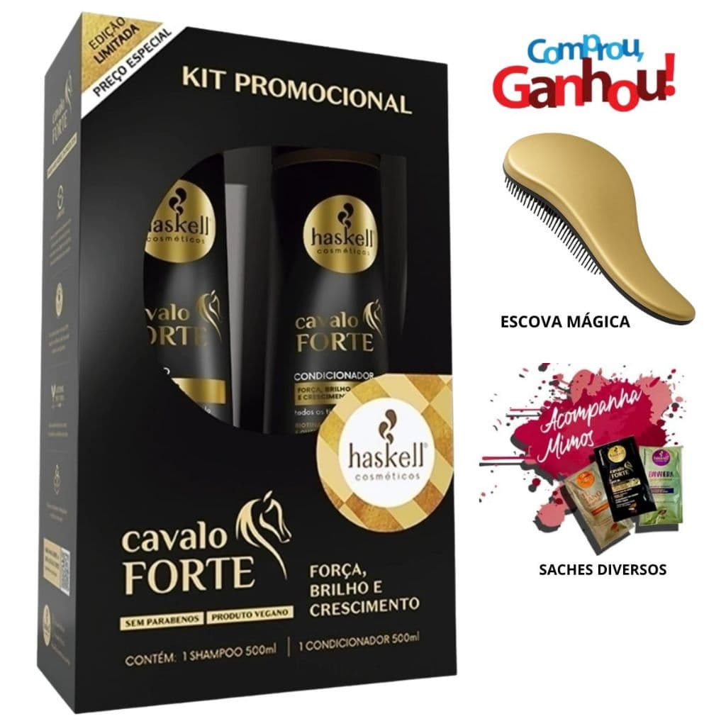 Haskell Cavalo Forte Promopack (shampoo e condicionador) 500ml + Escova Mágica e Saches