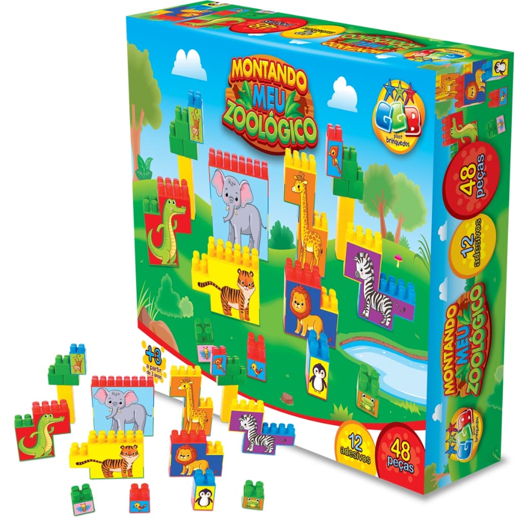 Blocos De Montar Zoológico Brinquedo Educativo 48 Peças