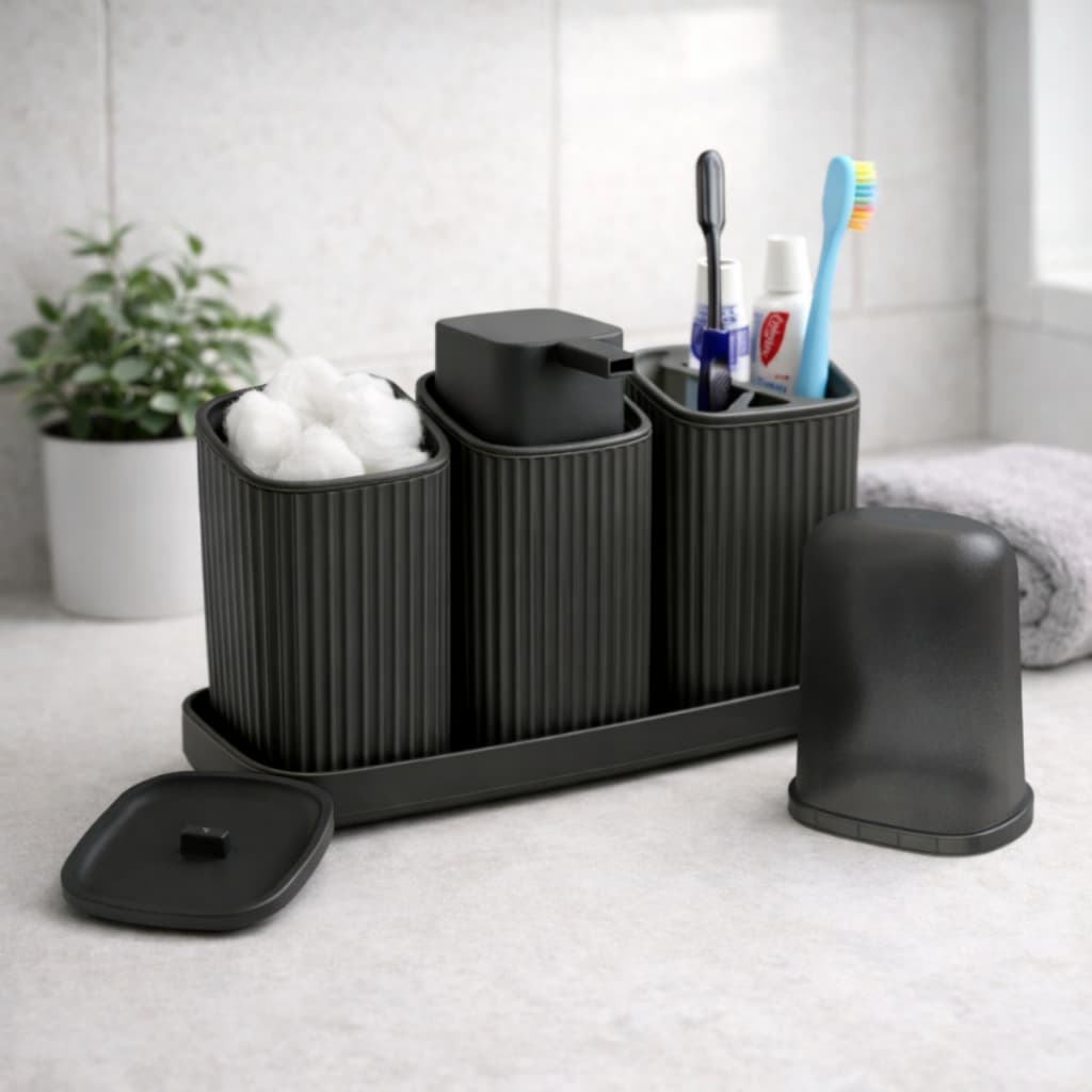 Kit 4 Peças Para Lavabo e Banheiro Com Dispenser de Sabonete, Porta Escova, Porta algodão, Bandeja