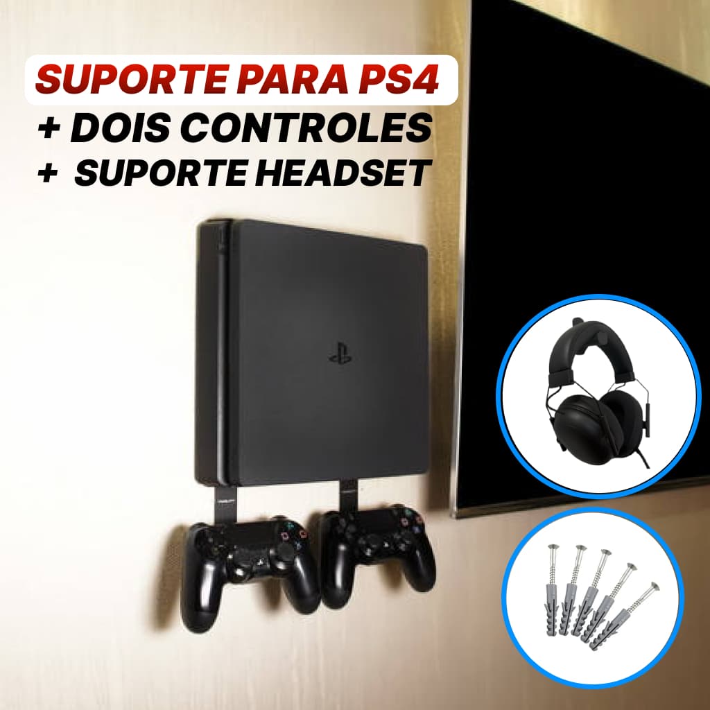 Suporte de parede PS4 + Suporte dois controles + Suporte headset gamer PS4 SLIM | PS4 FAT | PS4 PRO