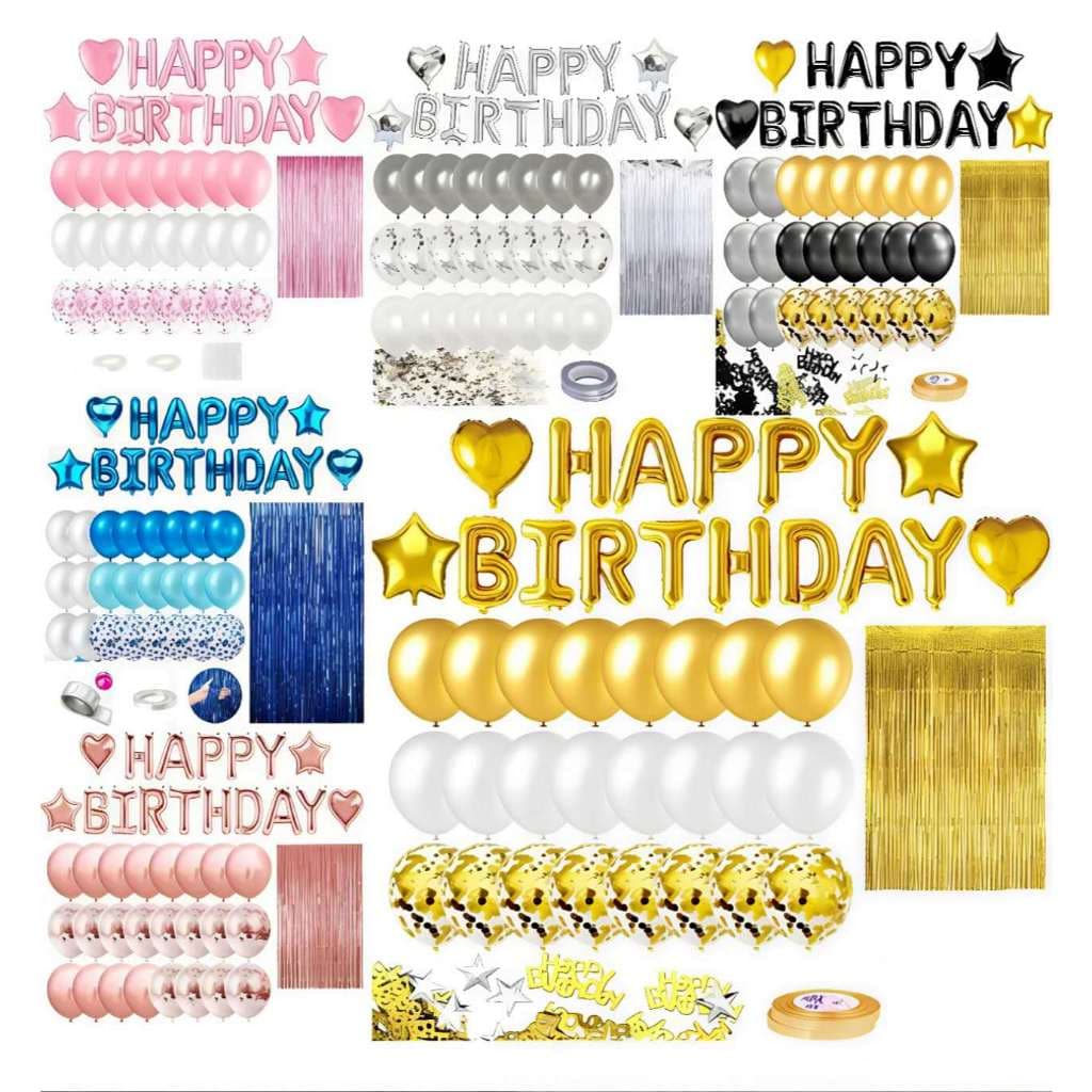 Kit 45 Pçs Balão Bexiga e Cortina Metalizada Happy Birthday Decoração de Aniversário