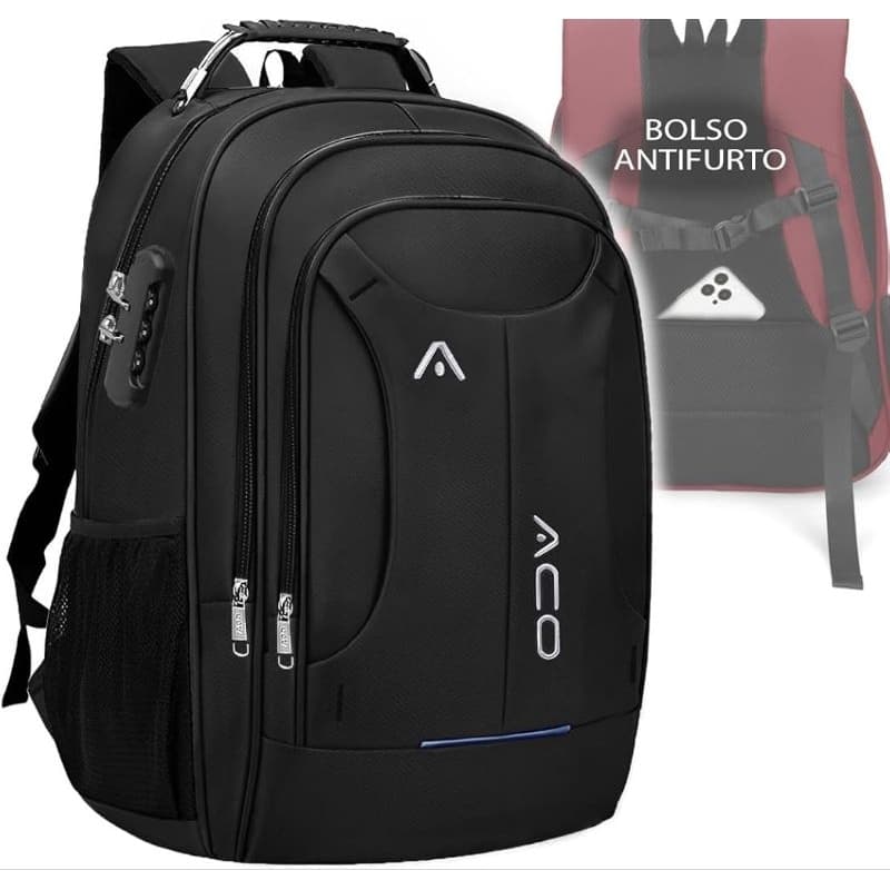 Mochila Unisex em Nylon com Alça Reforçada Antifurto com Trava de Combinação e Saída USB - Faculdade