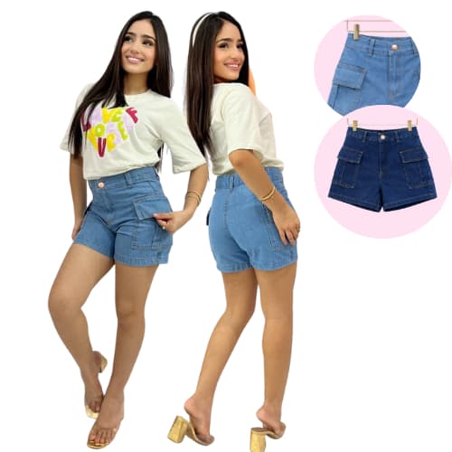 Short Jeans Infantil e Juvenil Feminino Menina Bolso Cargo Modelo Blogueirinha Moda Estilo Gringa