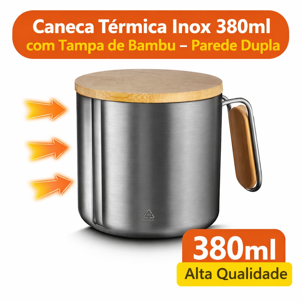 Caneca Térmica Inox 380ml com Tampa de Bambu – Parede Dupla | Mantém Bebidas Quentes e Frias