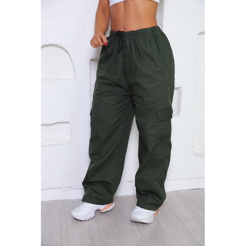 Calça Cargo Feminina Cintura Alta com Bolsos Larga Streetwear Confortável Moda Urbana Tendência 2026