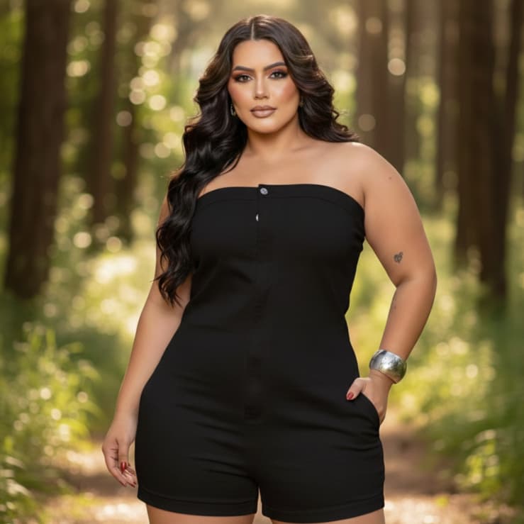 MACACÃO MACAQUINHO PLUS SIZE TOMARA QUE QUE CAIA COM BOLSO LATERAL E ATRÁS COM ELASTANO NEWS DO MOMENTO PROMOÇÃO 46 54