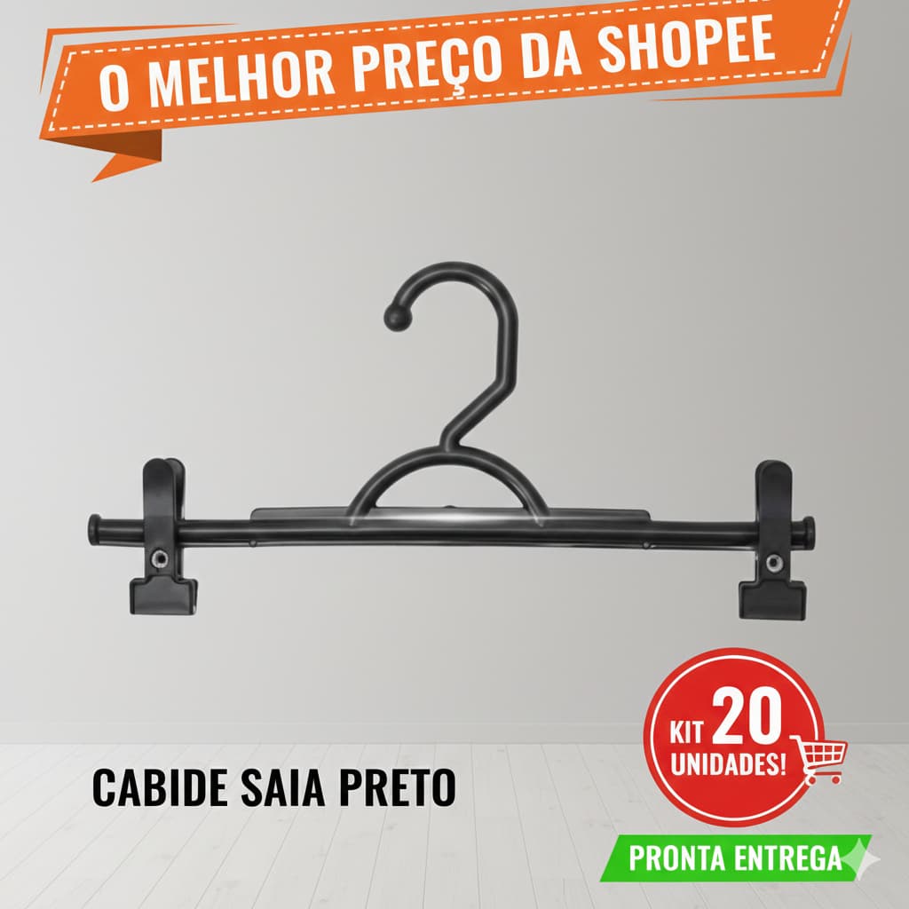 Kit 20 Cabides Plástico Saia Shorts Bermuda Gancho 40 Presilhas Preto - Ideal Para Lojas E Closet