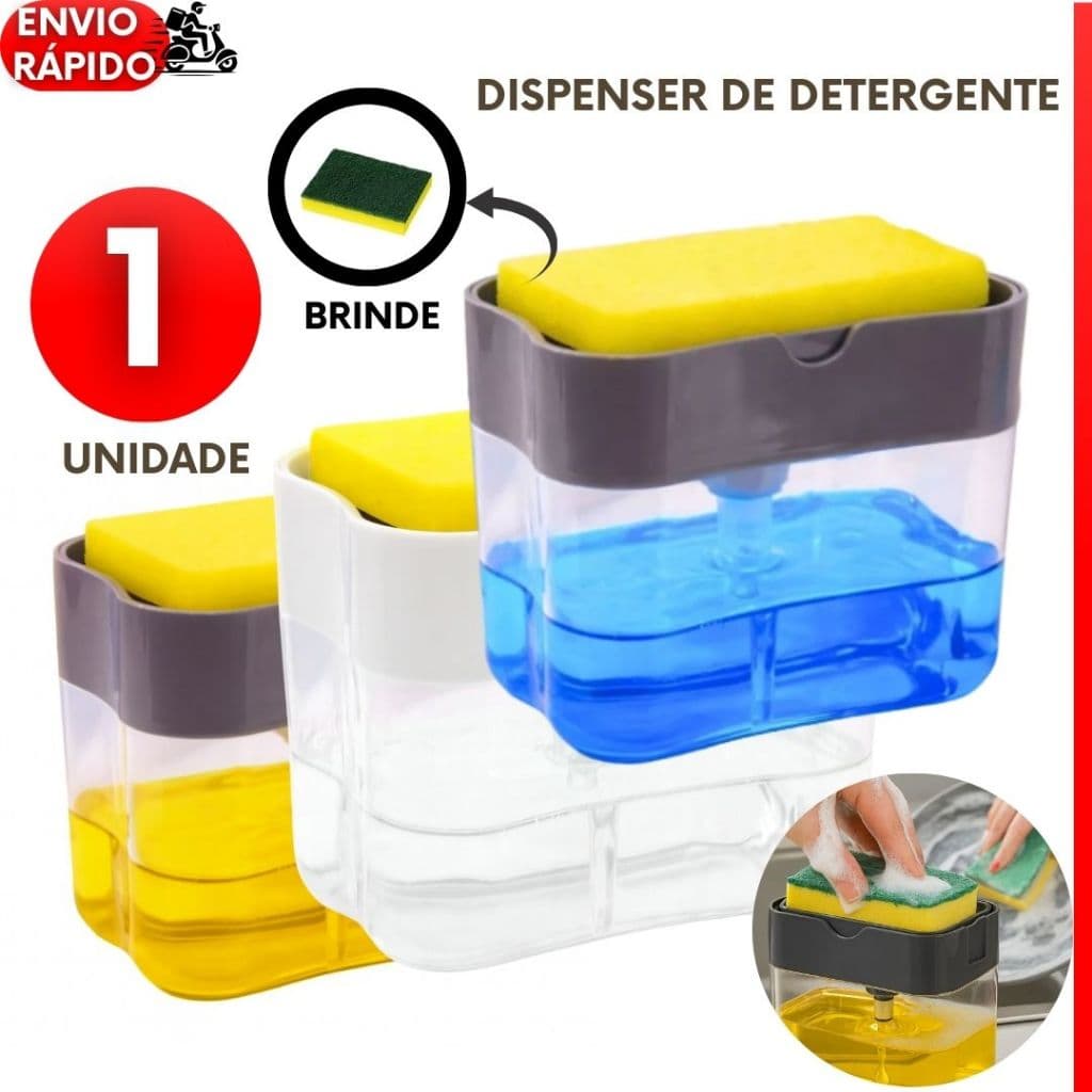 Dispenser de Detergente e Sabão Líquido com Esponja Porta bucha de Brinde Cozinha Louça limpeza
